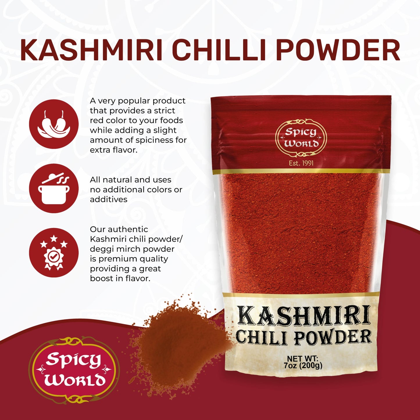 Spicy World Kashmiri Chili Powder Red 7 Ounce Resealable bag | All Natural Low Heat, Chili Powder - Red Pepper Powder