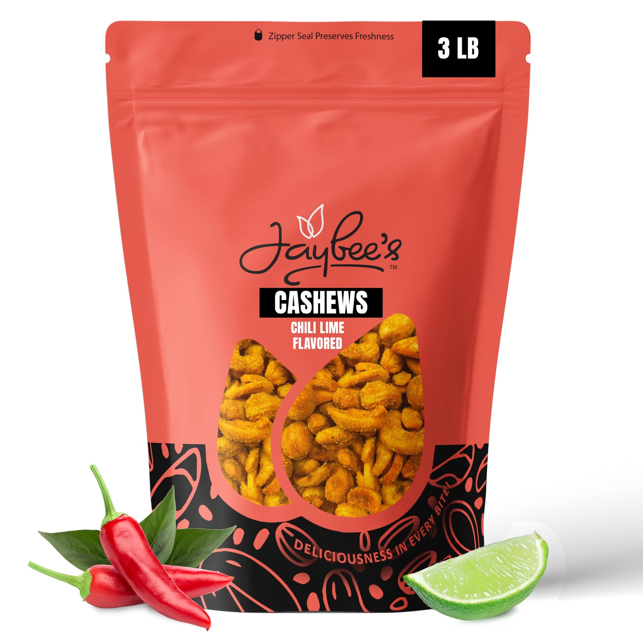 Chili Lime Cashews 3 Pounds - Spicy & Tangy Flavored Cashew | Resealable Bag | Gourmet Roasted Nuts | Perfect Snack for On-the-Go, Parties