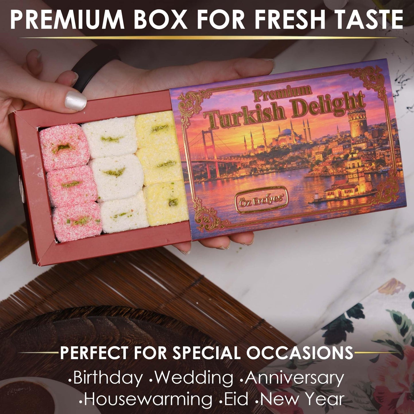 Turkish Delights Candy Gift Box - Assorted Turkish Delight Lokum, Traditional Turkish Food Sweet, Gourmet Lokum Candy, 7.05 oz (200g) (Mixed-Sultana)