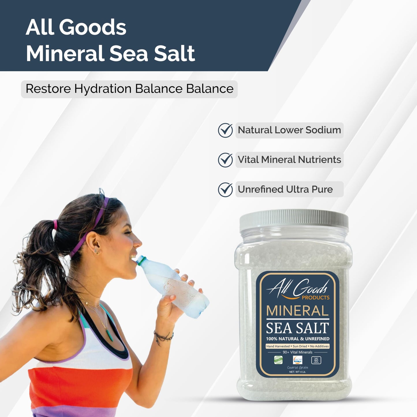 All Goods Mineral Coarse Grain Sea Salt, 4 LB. Natural Mineral Salt from Mexico, Unrefined, Hand-Harvested, 90+ Essential Minerals, Kosher, 30% Low