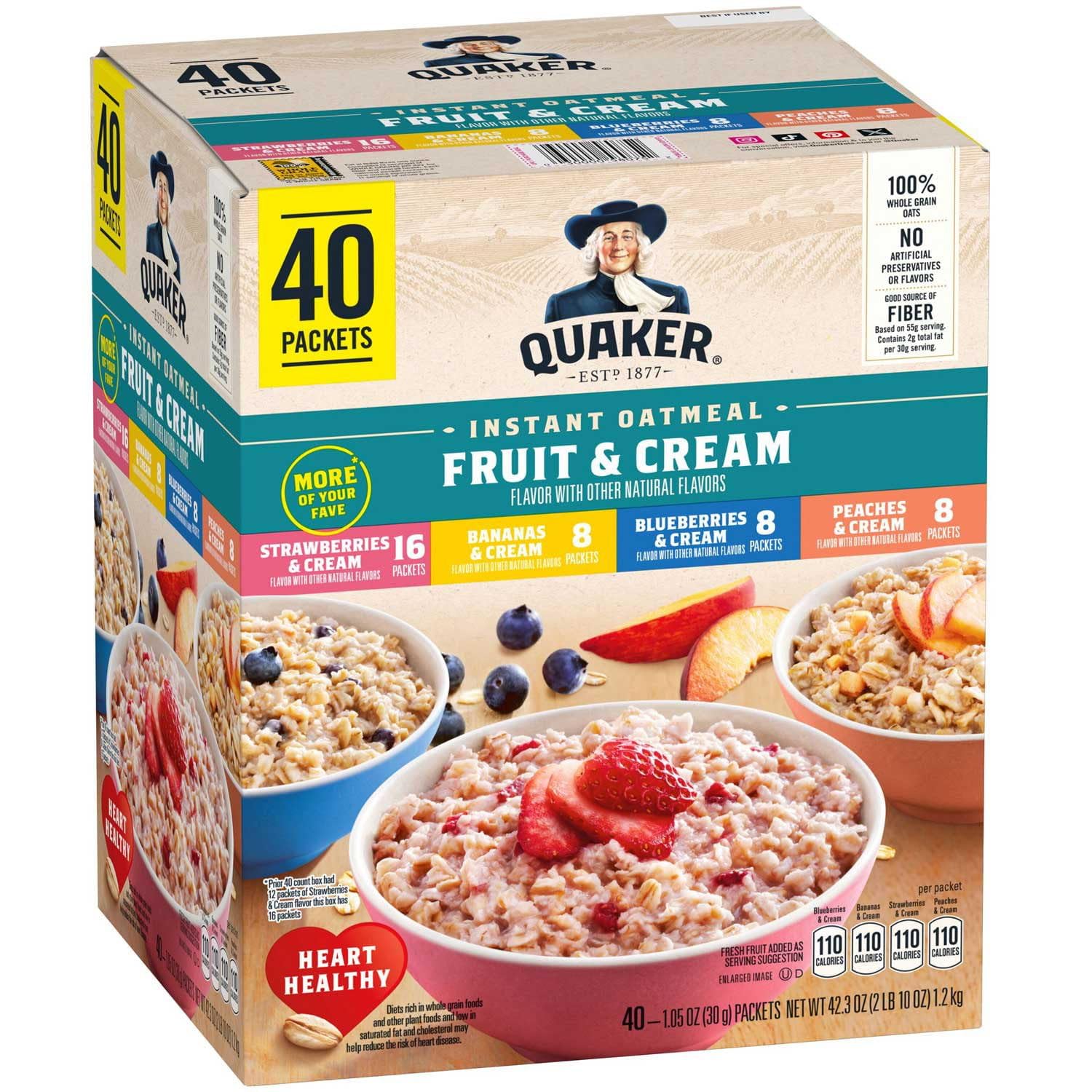 Quaker Instant Oatmeal Fruit & Cream, Variety Pack (40 Pk.) Net Wt 42.3 Oz