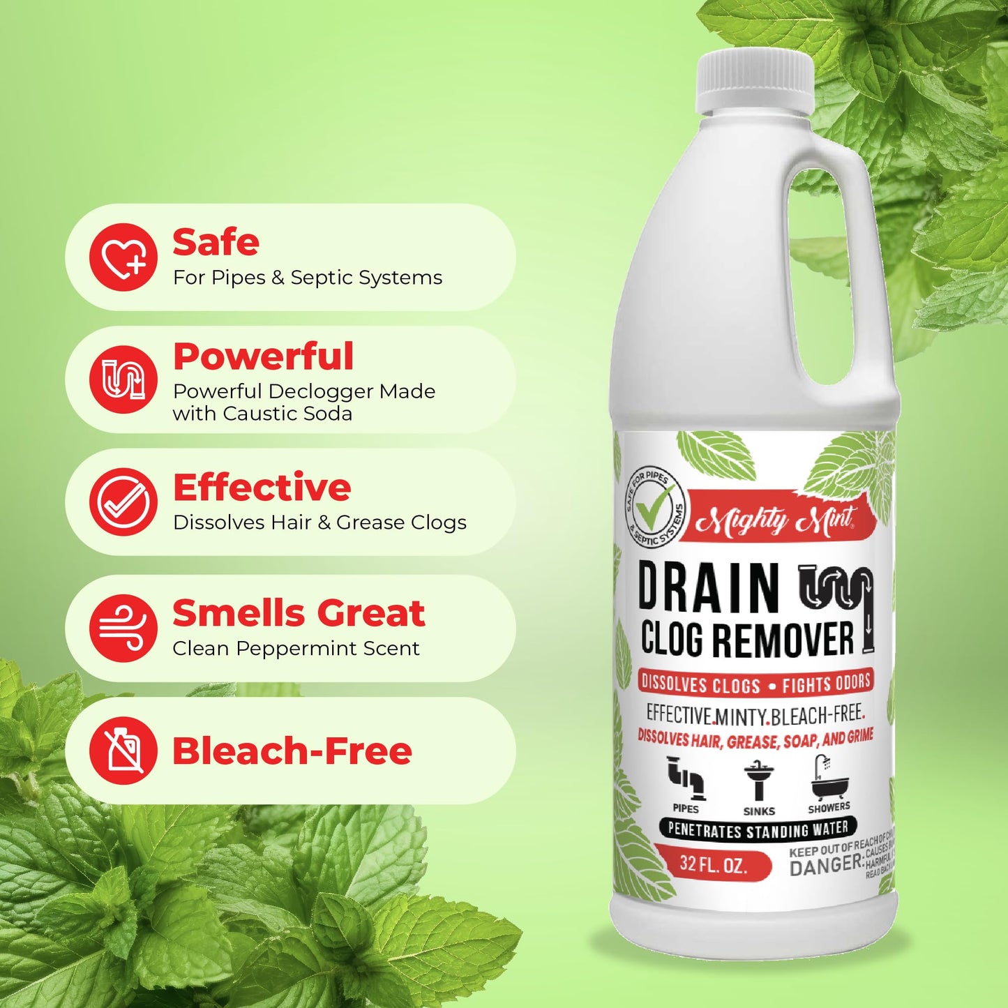 Mighty Mint Drain Clog Remover, Safe for Pipes and Septic, Dissolves Hair & Grease, Clears Blocked Drains and Deodorizes, Natural Mint Scent, 32oz