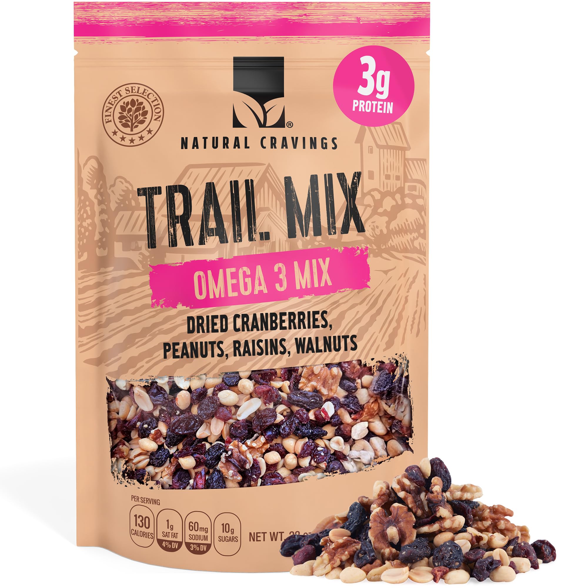 Natural Cravings 22oz Trail Mix Bulk Family Size Bag - Omega 3 Dried Fruit Mix & Assorted Nuts Mix with Dry Cranberries, Peanuts, Raisins & Walnuts