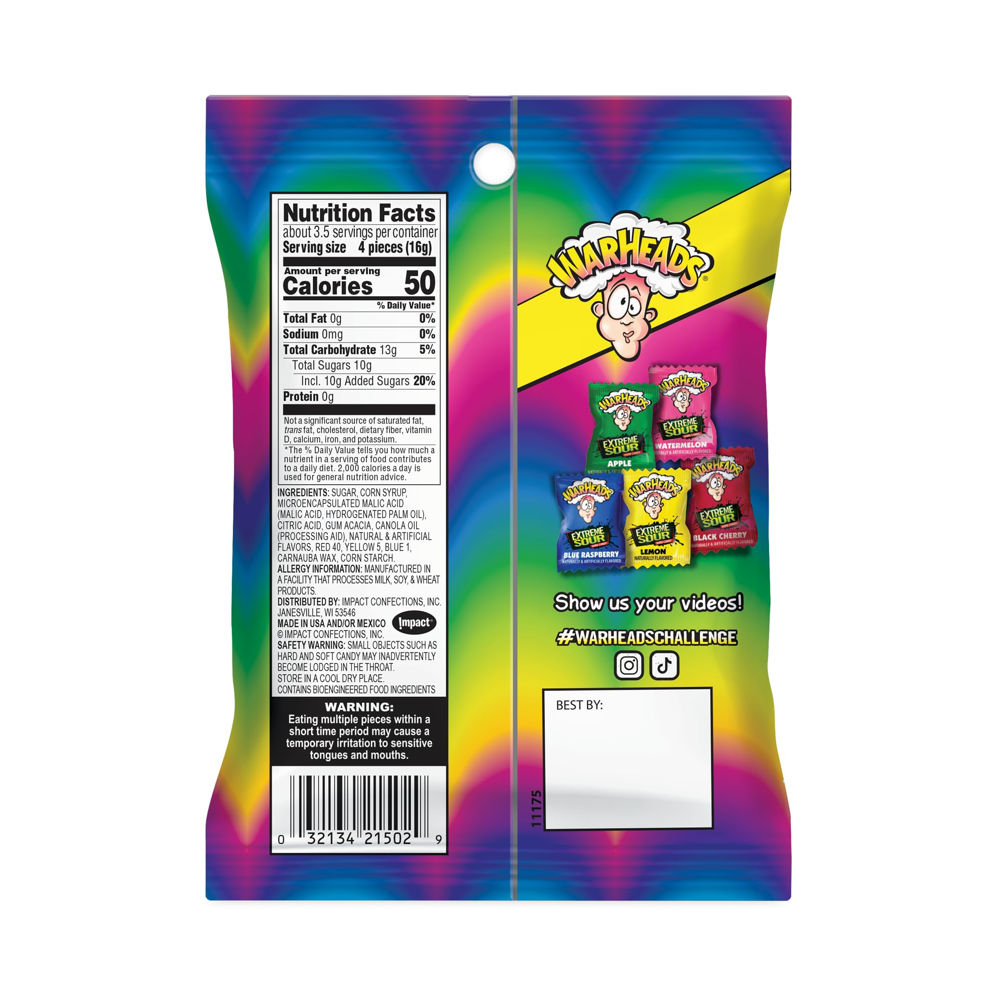 WARHEADS - Extreme Sour Hard Candy - Assorted Flavors - Sour Apple, Black Cherry, Blue Raspberry, Lemon & Watermelon Flavors - 2 oz. Bag