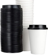 White 12 Oz Paper Coffee Cups With Recyclable Dome Lids, 100 Pk. BPA Free Disposable Drink Cup Set for Serving Hot Tea and Lattes at Kiosks, Shops