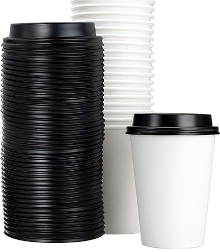 White 12 Oz Paper Coffee Cups With Recyclable Dome Lids, 100 Pk. BPA Free Disposable Drink Cup Set for Serving Hot Tea and Lattes at Kiosks, Shops