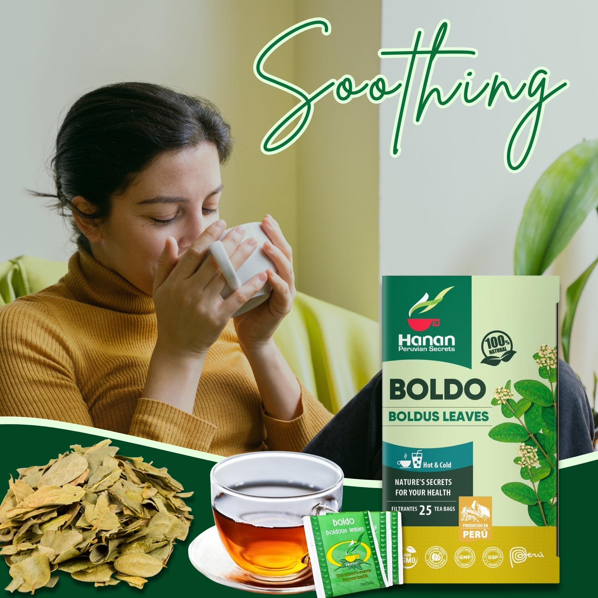 Hanan Boldus Herbal Tea 25 Teabags of Boldo Leaves and Herbs Dried Peumus Boldus Plant Leaf From Peru