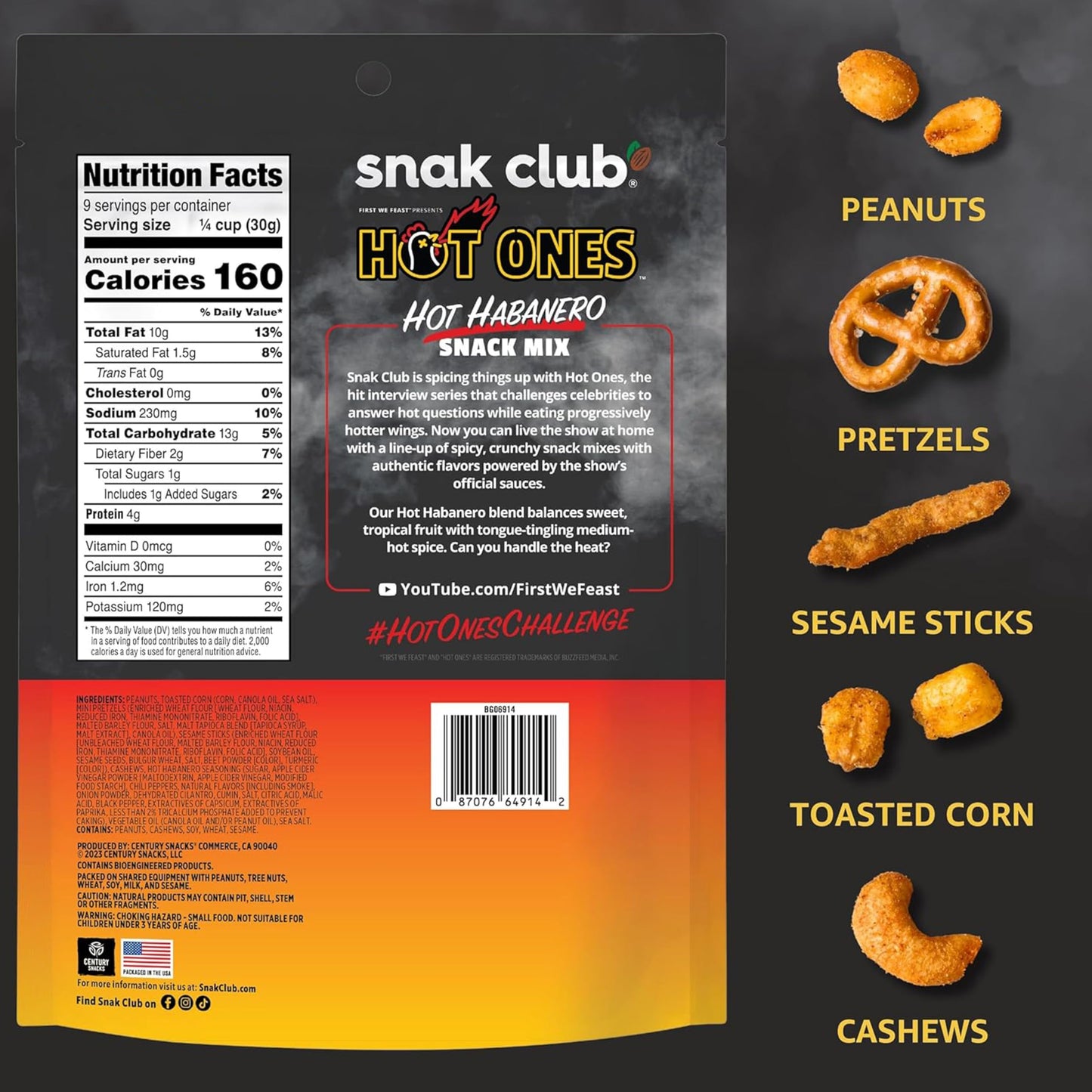 Snak Club x Hot Ones Hot Habanero Snack Mix, Spicy Snacks with Peanuts, Pretzels, Sesame Sticks, Toasted Corn & Cashews, Inspired by Hot Ones Hot