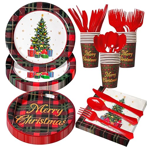 KTCNMER 175 Pcs Christmas Dinnerware Set Disposable Paper Plates and Napkins for 25 Guests Holiday Tableware Kits Cups Forks Knives Spoons