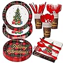 KTCNMER 175 Pcs Christmas Dinnerware Set Disposable Paper Plates and Napkins for 25 Guests Holiday Tableware Kits Cups Forks Knives Spoons