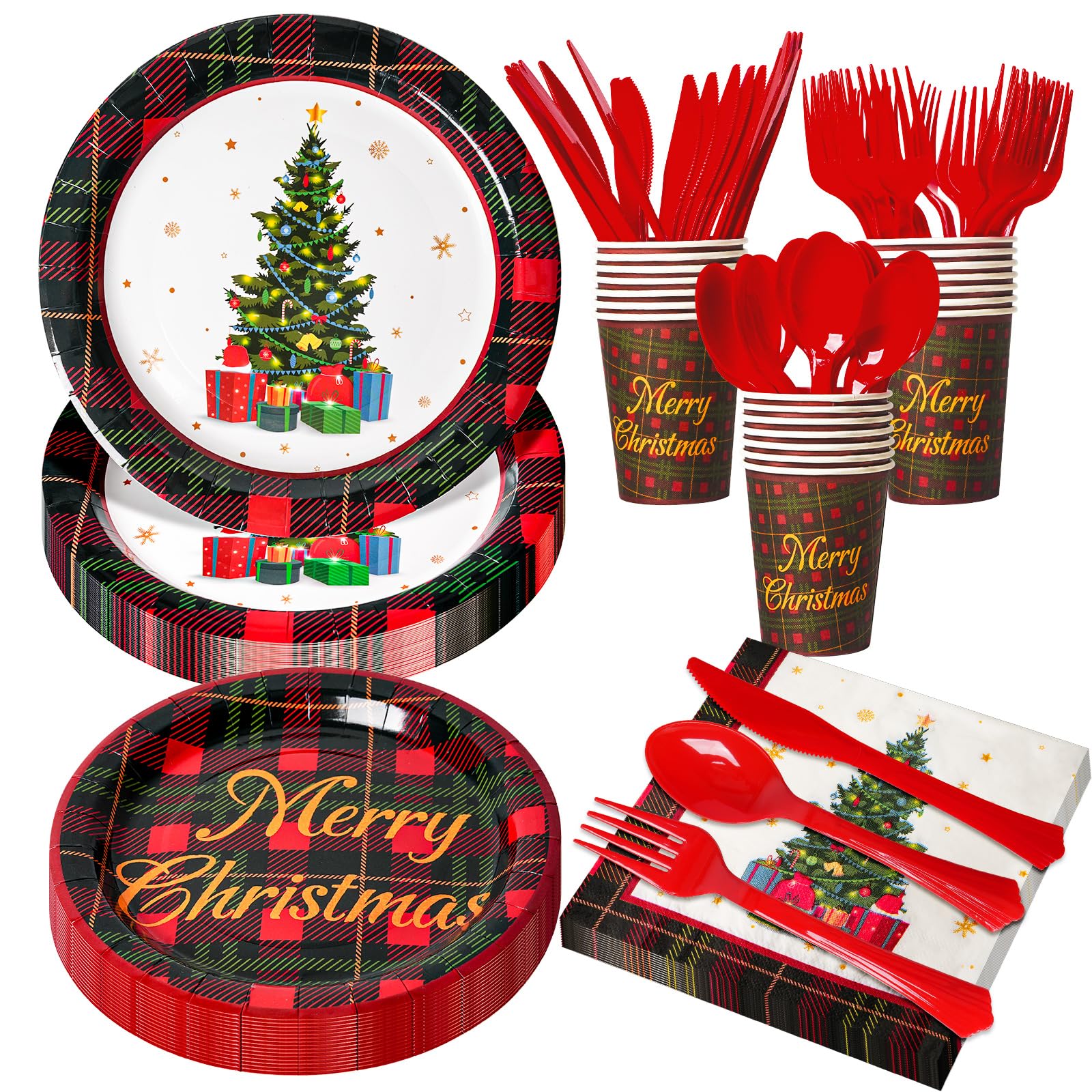 KTCNMER 175 Pcs Christmas Dinnerware Set Disposable Paper Plates and Napkins for 25 Guests Holiday Tableware Kits Cups Forks Knives Spoons