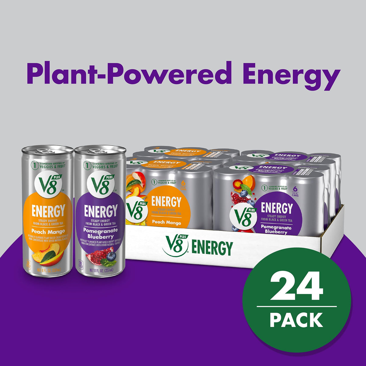 V8 Energy Pomegranate Blueberry and Peach Mango Energy Drinks, 8 fl oz Can (24 Pack)