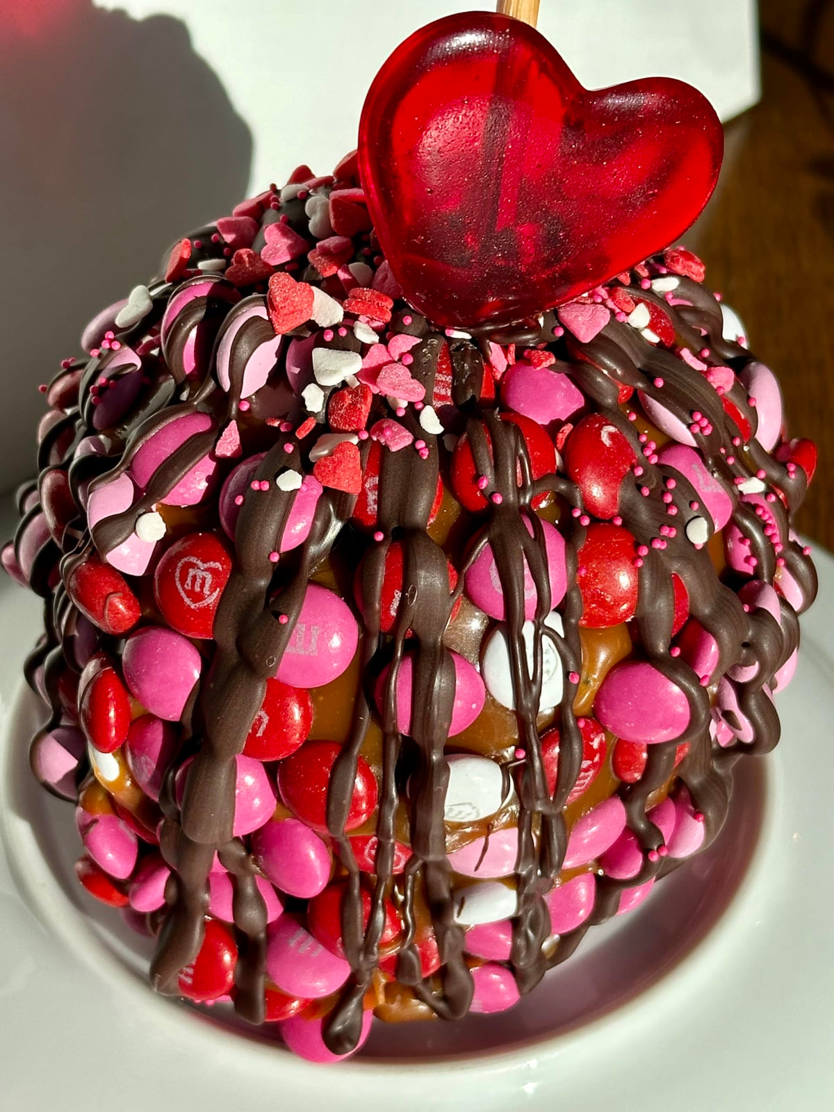 Valentines Day Gourmet Caramel Apple with Candy Buttons and Dark Chocolate