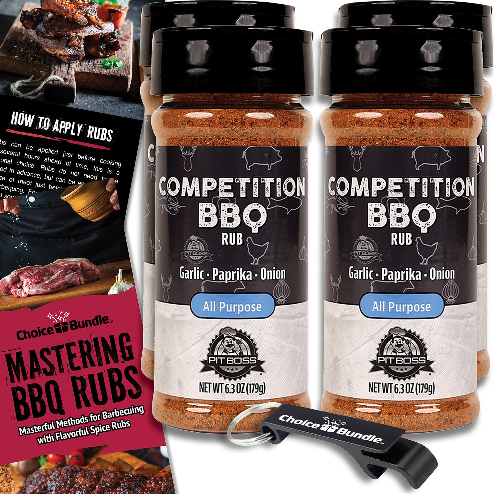 Pit Boss Competition BBQ All Purpose AP Premium Barbecue Mixed Seasoning Spice & Rub 4 pk Choice Bundle (25.2 oz) + Guide & Keychain Bottle Opener (6