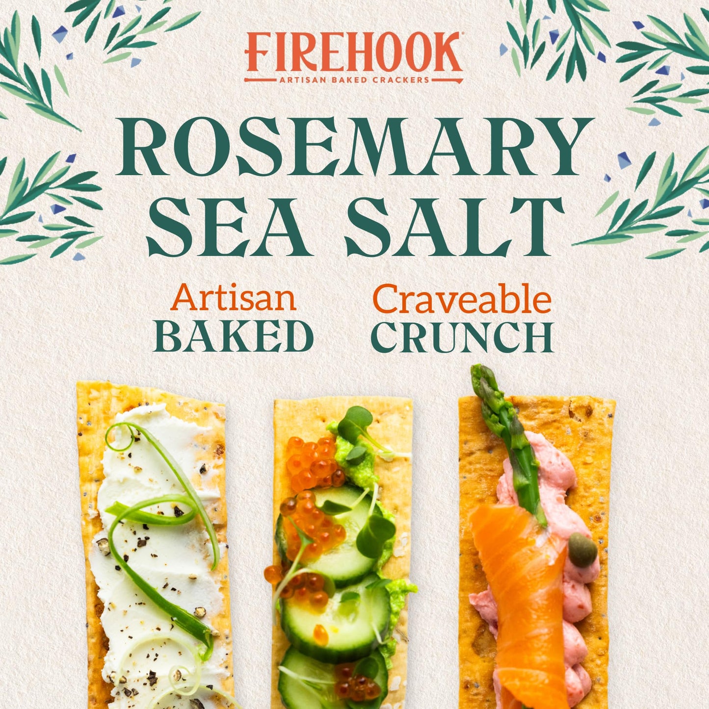 Firehook Rosemary Sea Salt Crackers - Artisan Baked, Craveably Crunchy - Organic, Non-GMO, Kosher - 8 oz Box