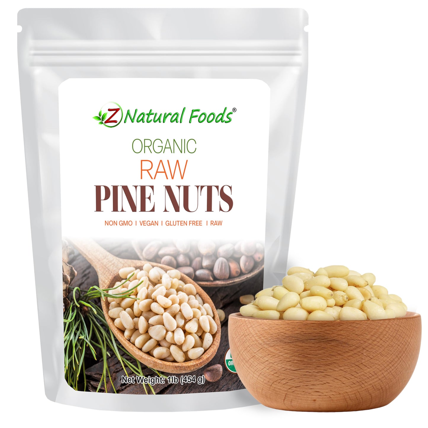 Z Natural Foods Organic Pine Nuts - Raw Nutrient-Dense Superfood Packed in Airtight Foil Pouches - Pure Pine Nut for Pesto, Trail Mix, Salad & Recipes