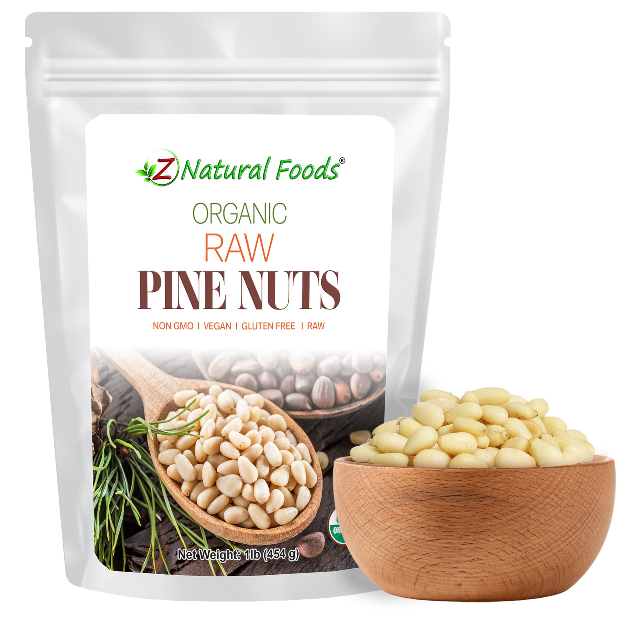 Z Natural Foods Organic Pine Nuts - Raw Nutrient-Dense Superfood Packed in Airtight Foil Pouches - Pure Pine Nut for Pesto, Trail Mix, Salad & Recipes