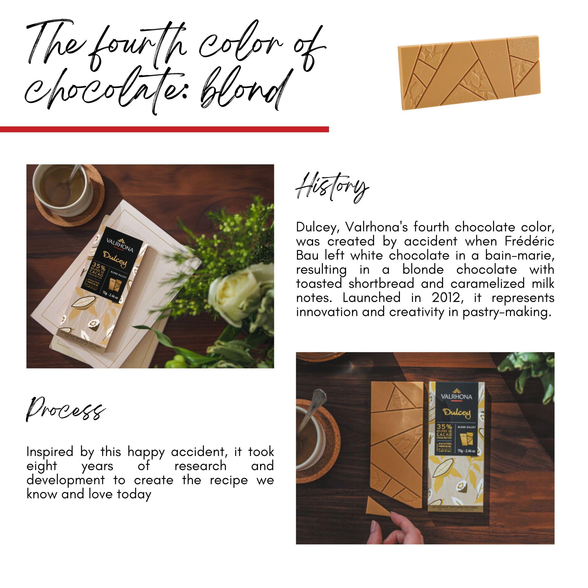 Valrhona Premium French Blonde Chocolate DULCEY 35% Cacao Tasting Bars - Creamy, Caramel Cookie Flavor Notes. Easy Melt and Tempering. Creamy
