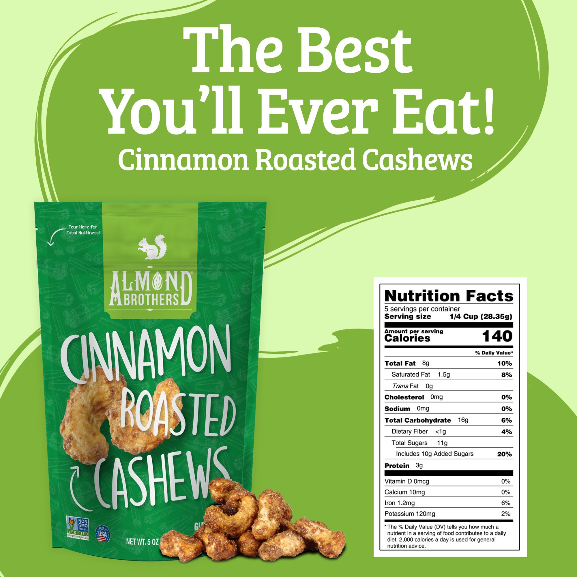 Almond Brothers Roasted Cashews - Pack of 3, 5 oz Hand Crafted Cinnamon Glazed Roasted Cashews, Gluten-Free, Non-GMO
