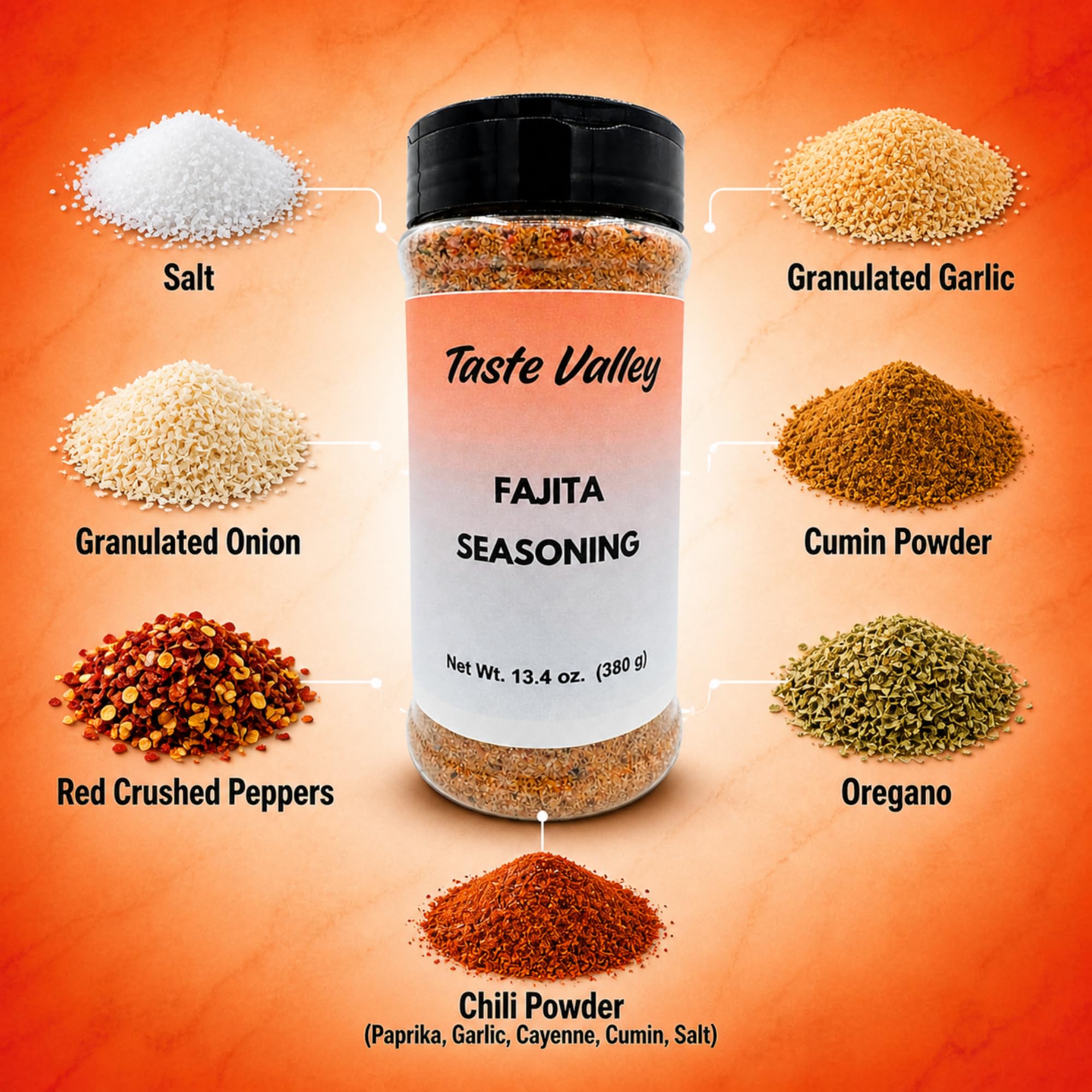 Taste Valley Fajita Seasoning - 13.4 oz Large Shaker Jar | 380 Servings | Zero Calories | Bold Tex-Mex Spice Blend | No MSG | Seasoning for Chicken