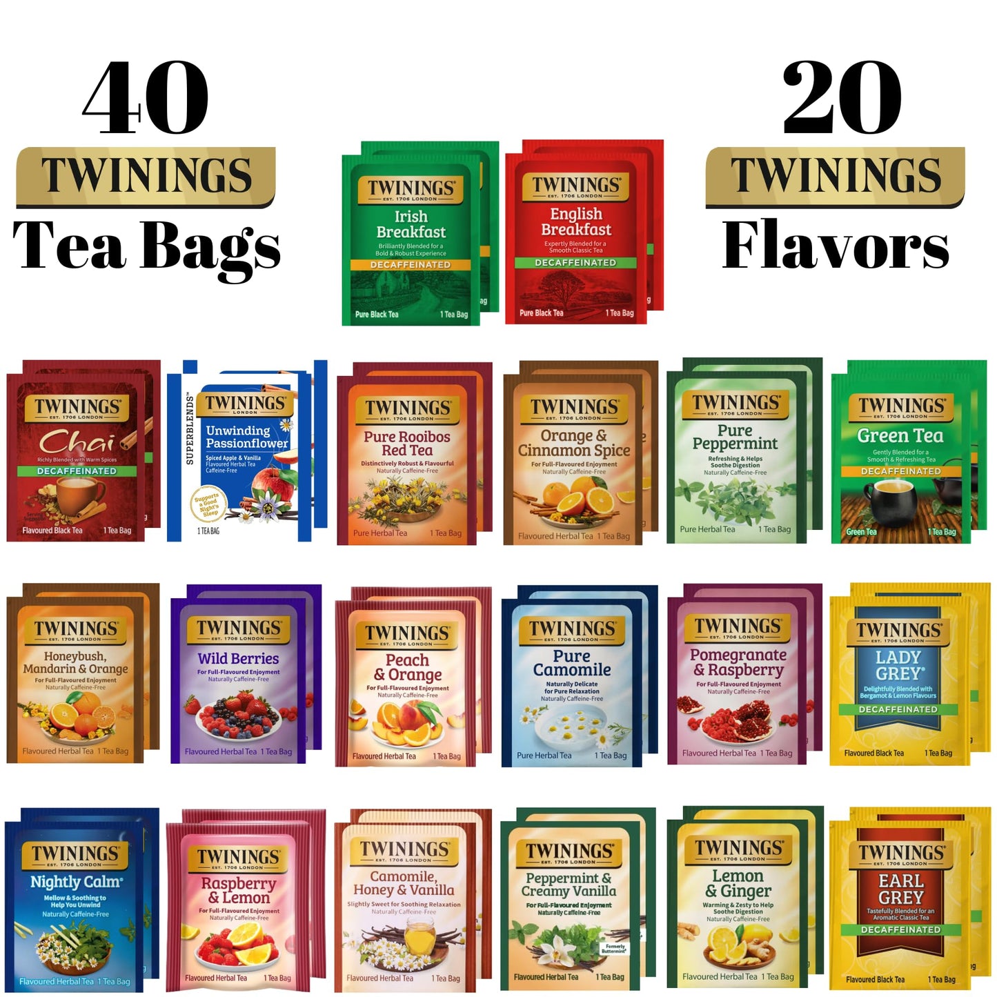 Twinings Herbal & Decaf Tea Variety Pack - Decaf Tea Sampler - Individually Wrapped Herbal Tea Bags, Green Decaf, Lady Grey Decaf, Earl Grey Decaf