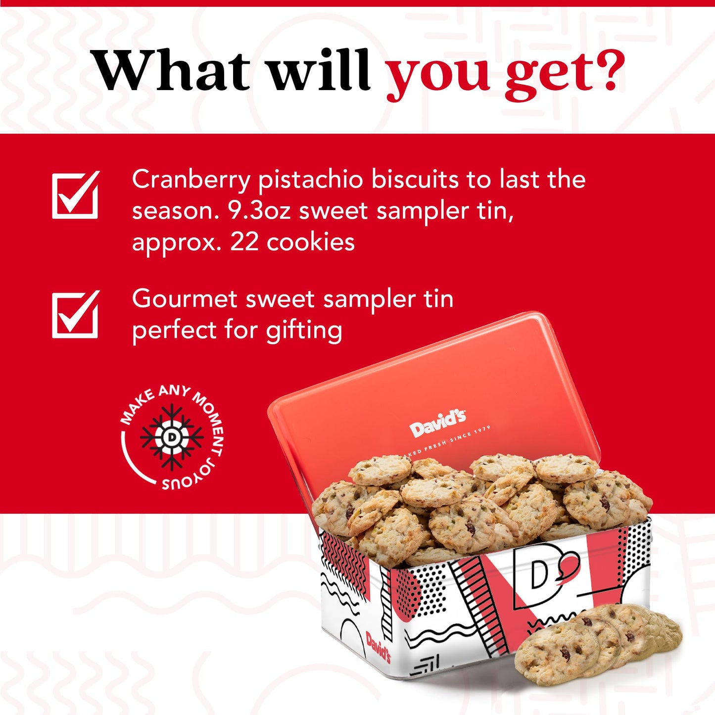 David's Cookies Cranberry Pistachio Biscuits Sweet Sampler Tin - Irresistible Crunch, Snacks And Bakery Treats - Ideal for Snacking And Gifting