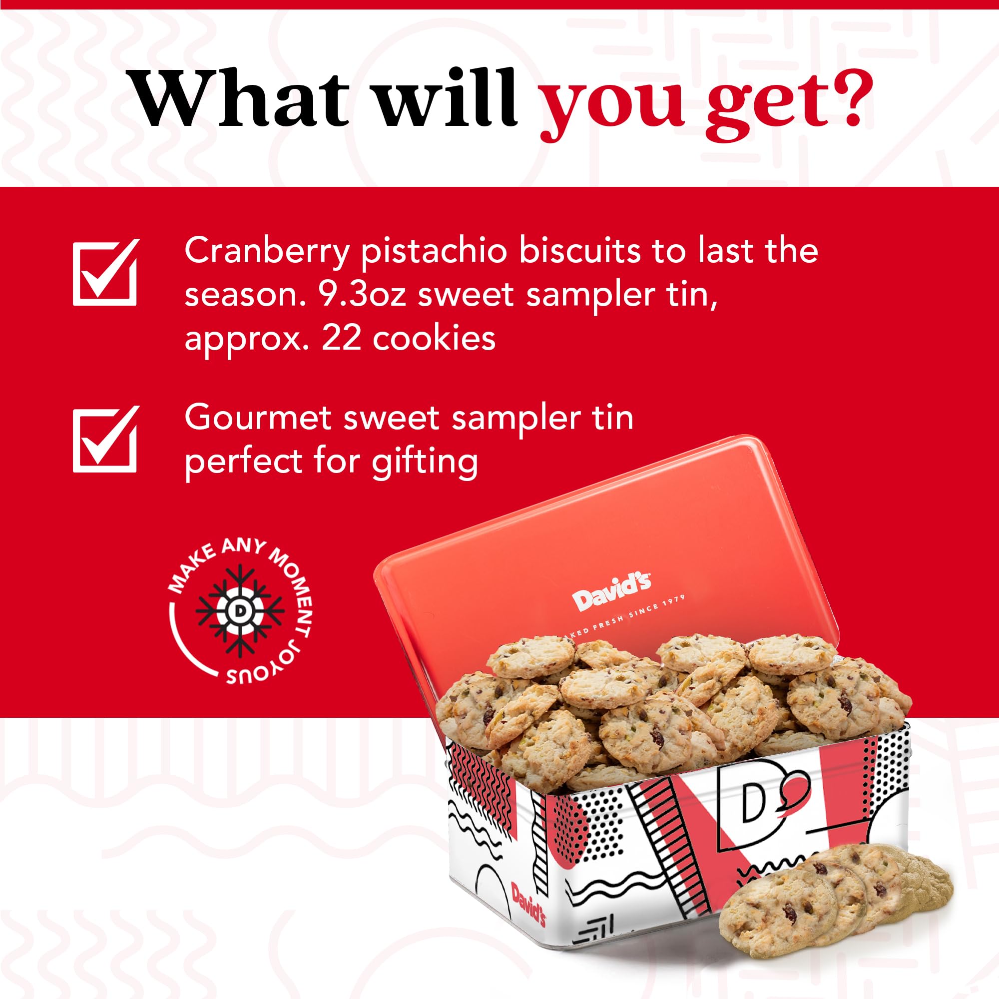 David's Cookies Cranberry Pistachio Biscuits Sweet Sampler Tin - Irresistible Crunch, Snacks And Bakery Treats - Ideal for Snacking And Gifting