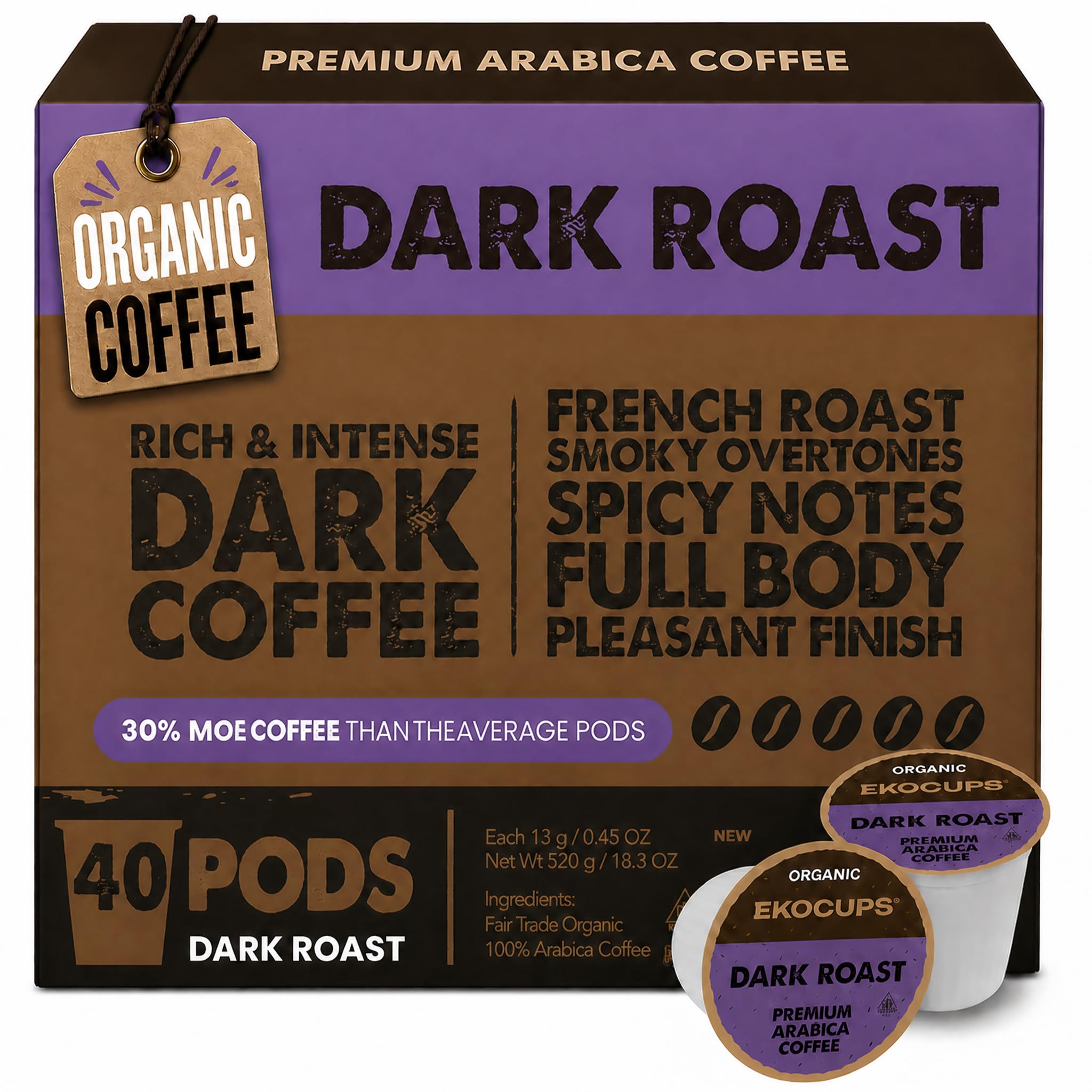 EKOCUPS Organic Dark Roast Coffee Pods, Strong Bold Dark Roast Flavor - USDA Certified Organic - Single Serve Cups for Keurig K Cups Coffee Makers