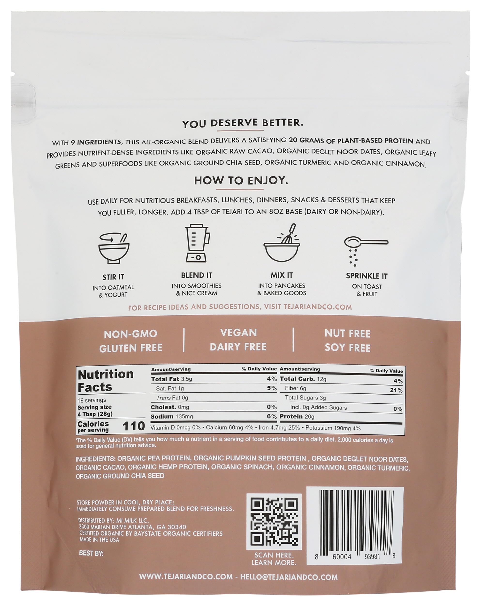 TEJARI Organic Plant Based Protein Blend | Organic Cacao | 16 oz, 16 Servings | Vegan, Low Sugar, Gluten Free, Low Carb, Non-GMO, Stevia Free, Soy