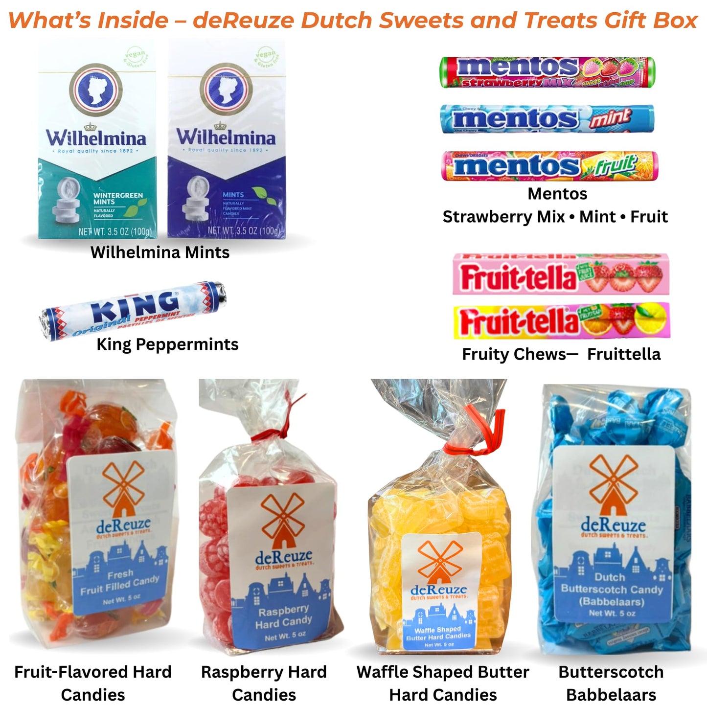 deReuze Dutch Sweets and Treats Gift Box - Butterscotch, Raspberry & Fruit Flavored Hard Candy, Dutch Mints & Fruity Chews - Imported Candy Variety