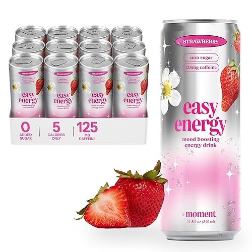 Easy Energy Drink (Strawberry) - Zero Sugar Sparkling Energy Drink with Natural Caffeine, Magnesium & Lion’s Mane - Clean Energy for Workouts & Busy