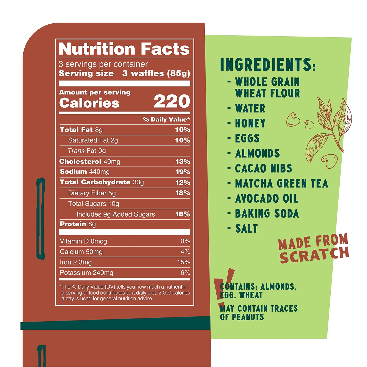 Evergreen Chocolate Chip and Matcha Waffles, Dairy-Free, Whole Grain, No Artificial Flavors, No Preservatives, 9 Waffles per Pack