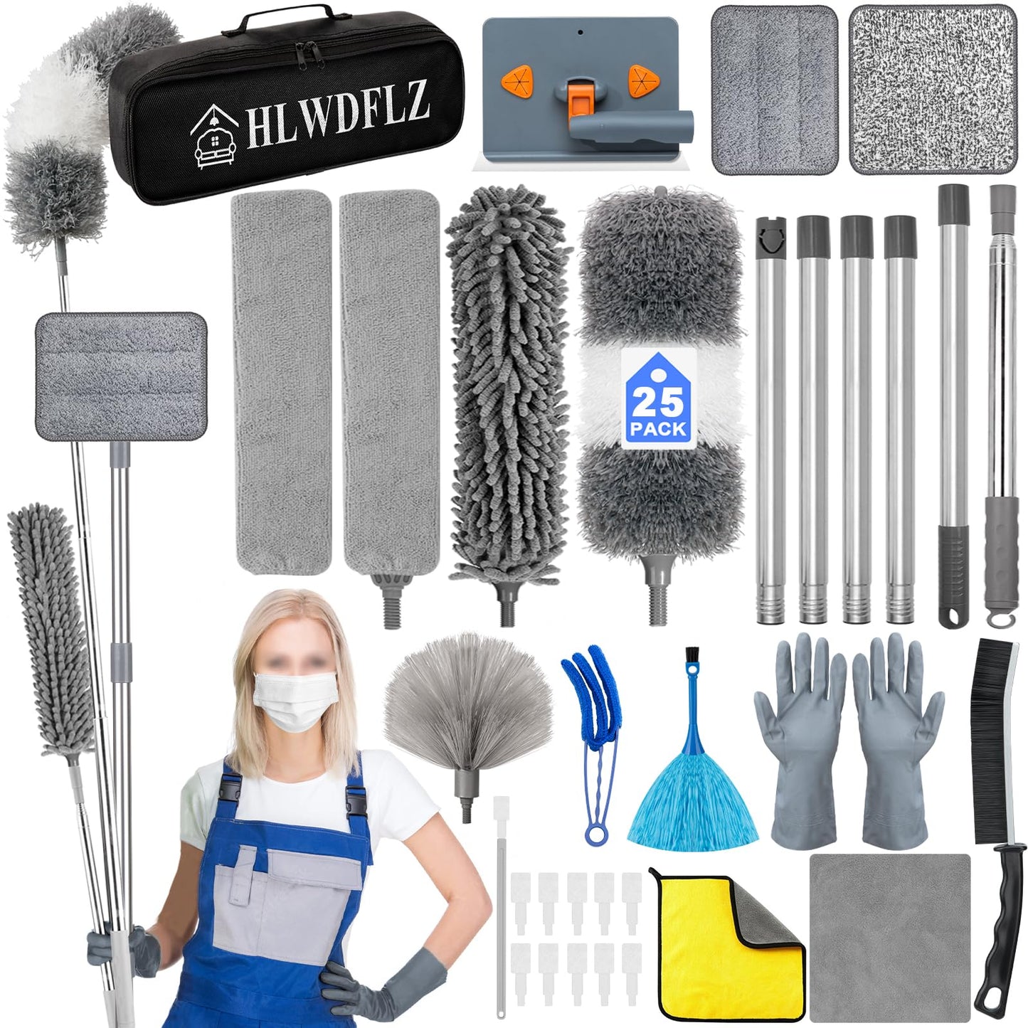 HLWDFLZ Microfiber Duster Kit 25pcs with 30 to 100 Inches Extension Pole and Baseboard Cleaner Tool, Washable and Bendable Feather Duster for Cleaning