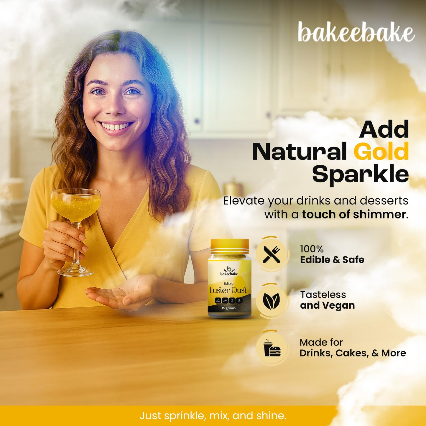 Bakeebake Gold Luster Dust Edible 15g - Edible Glitter for Drinks & Desserts - Gluten Free Edible Gold Dust for Cake Decorating - Tasteless Vegan
