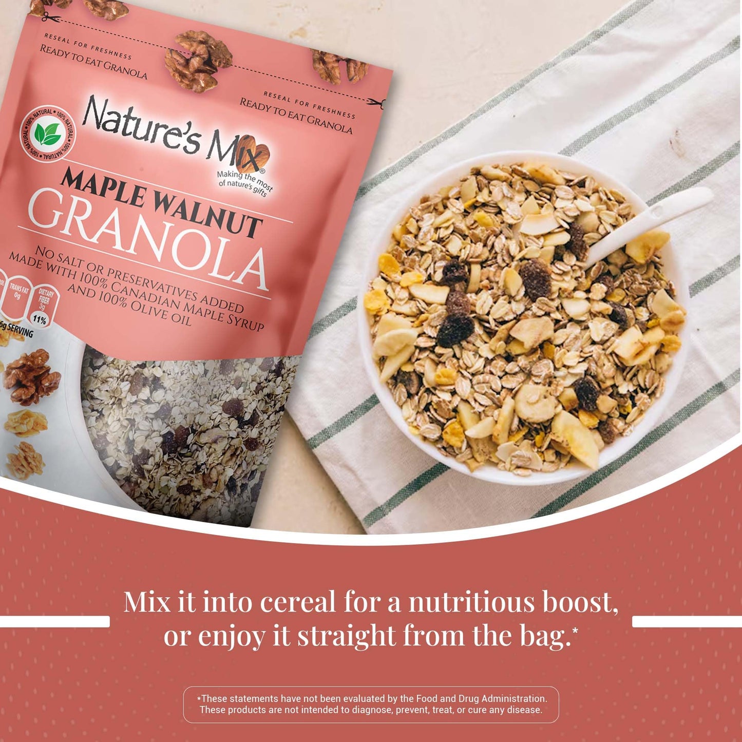Nature's Mix - Maple Walnut Granola - Walnuts, Raisins and Currants - Sweetened with Maple Syrup - No Sugar, Salt, or Preservatives - Small Size