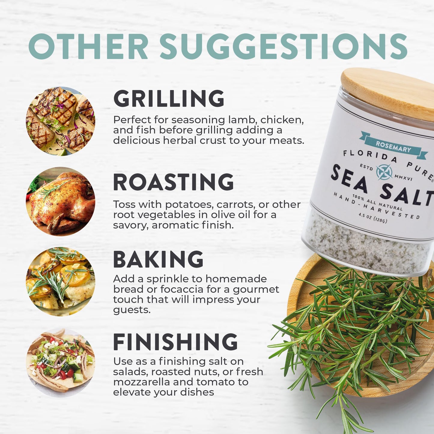 FLORIDA PURE Rosemary Sea Salt - 80+ Mineral Sea Salt, Natural, Unrefined, Non Iodized - for Baking, Cooking, Seasoning & Enhancing Taste