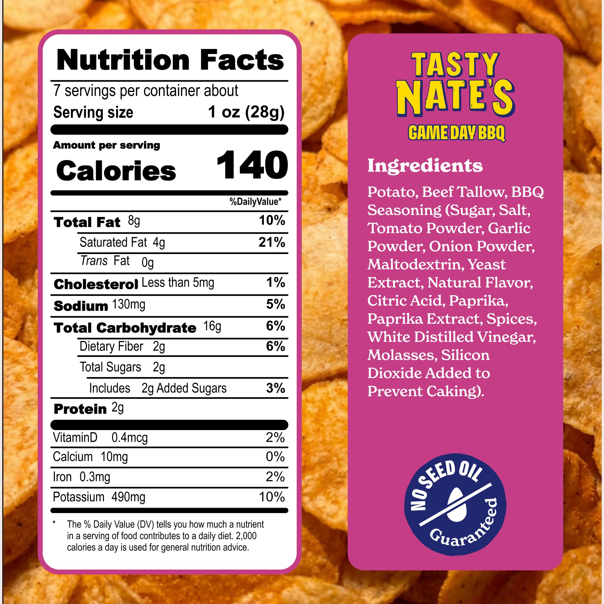 Tasty Nate’s Beef Tallow Potato Chips - Game Day BBQ Flavor Kettle Chips Fried in 100% Beef Tallow Seed Oil Free - Gluten Free Healthy Snacks Paleo