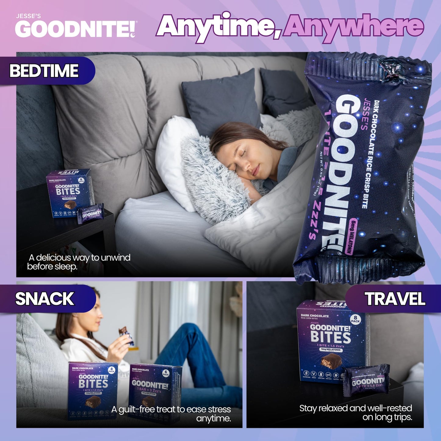 GOODNITE Sleep Bites - 5mg Melatonin + L-Theanine Dark Chocolate Mini Bites - Relaxing Bedtime Snack - No Morning Grogginess - Vegan Gluten-Free - 8