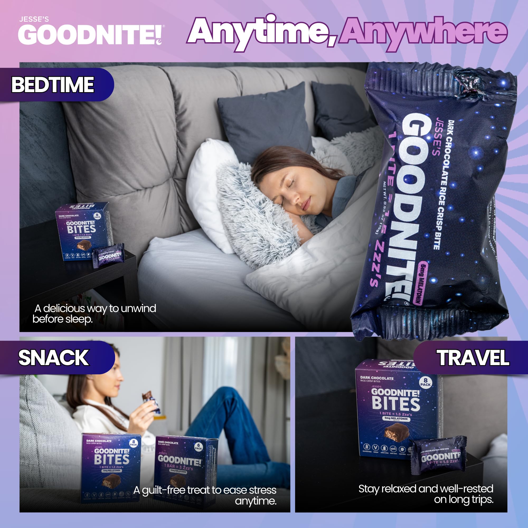 GOODNITE Sleep Bites - 5mg Melatonin + L-Theanine Dark Chocolate Mini Bites - Relaxing Bedtime Snack - No Morning Grogginess - Vegan Gluten-Free - 8