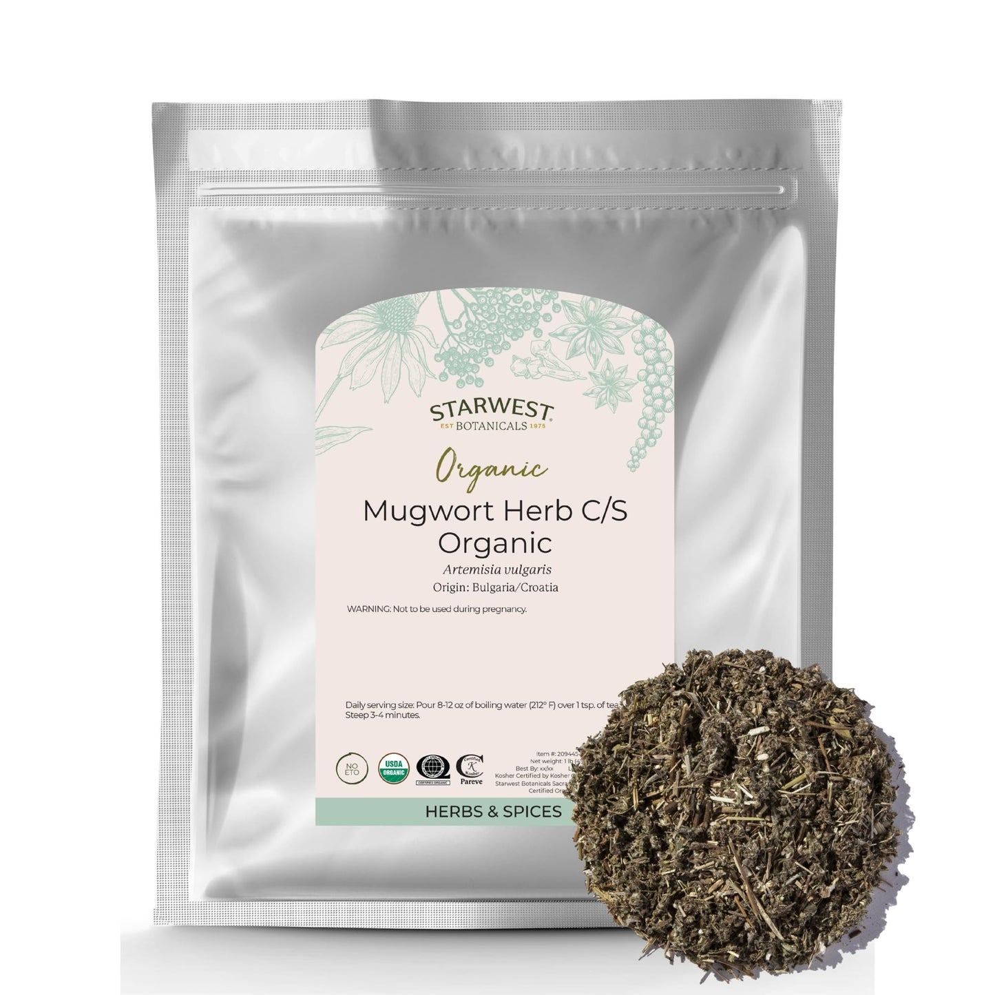 Starwest Botanicals Organic Mugwort Herb - Dried Loose Leaf Herb for Tea & Culinary Use, Cut & Sifted, Certified Kosher, Non-GMO - Bulk 1 lb Bag