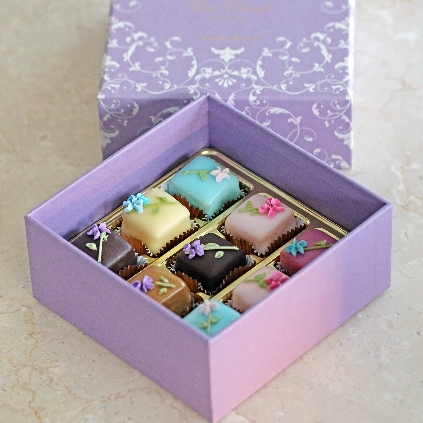 Bon Vivant New York: “Box of 9 Assorted Petit Four Demitasse,” Luxury Petits Fours with Fondant, Marzipan, Buttercream, 8.2oz