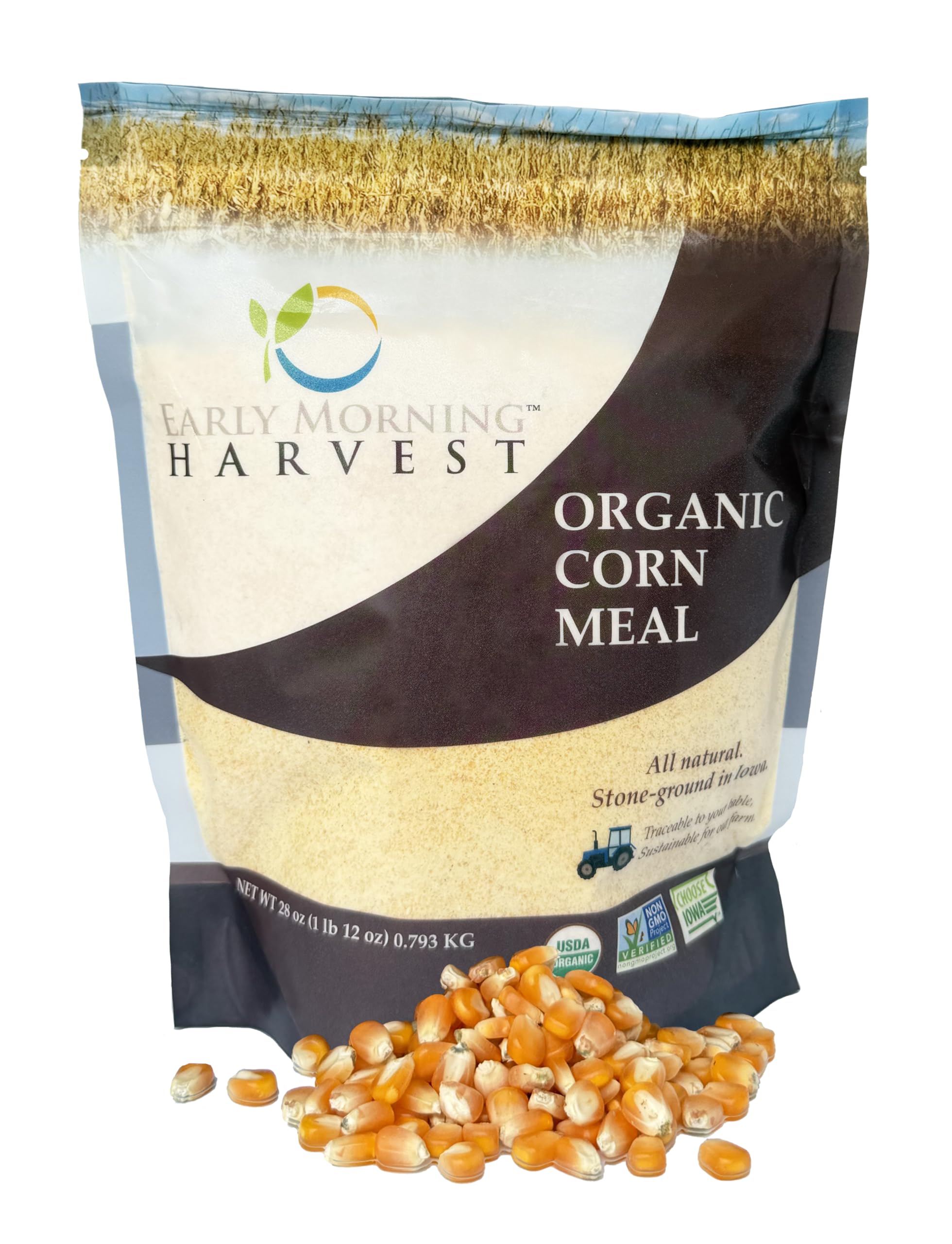 Early Morning Harvest Organic Corn Meal - Made from Non-GMO Yellow Corn - Stone Ground Corn Meal for Baking and Cooking, USA-Grown, Whole Grain