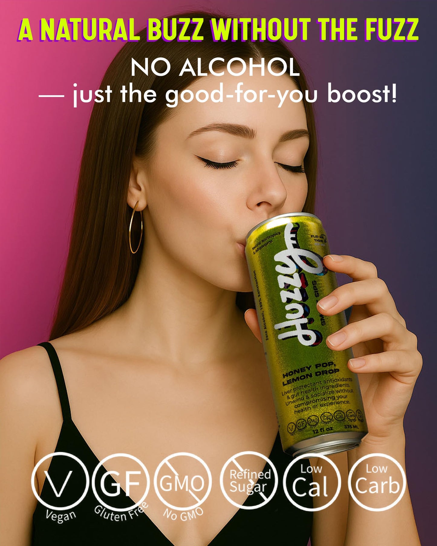 Huzzy Smart Sips Non Alcoholic Drinks - Honey Pop Inspired Beverage, Alcohol Free Functional Cocktails - Low Calorie, Low Carb, No Refined Sugar, No