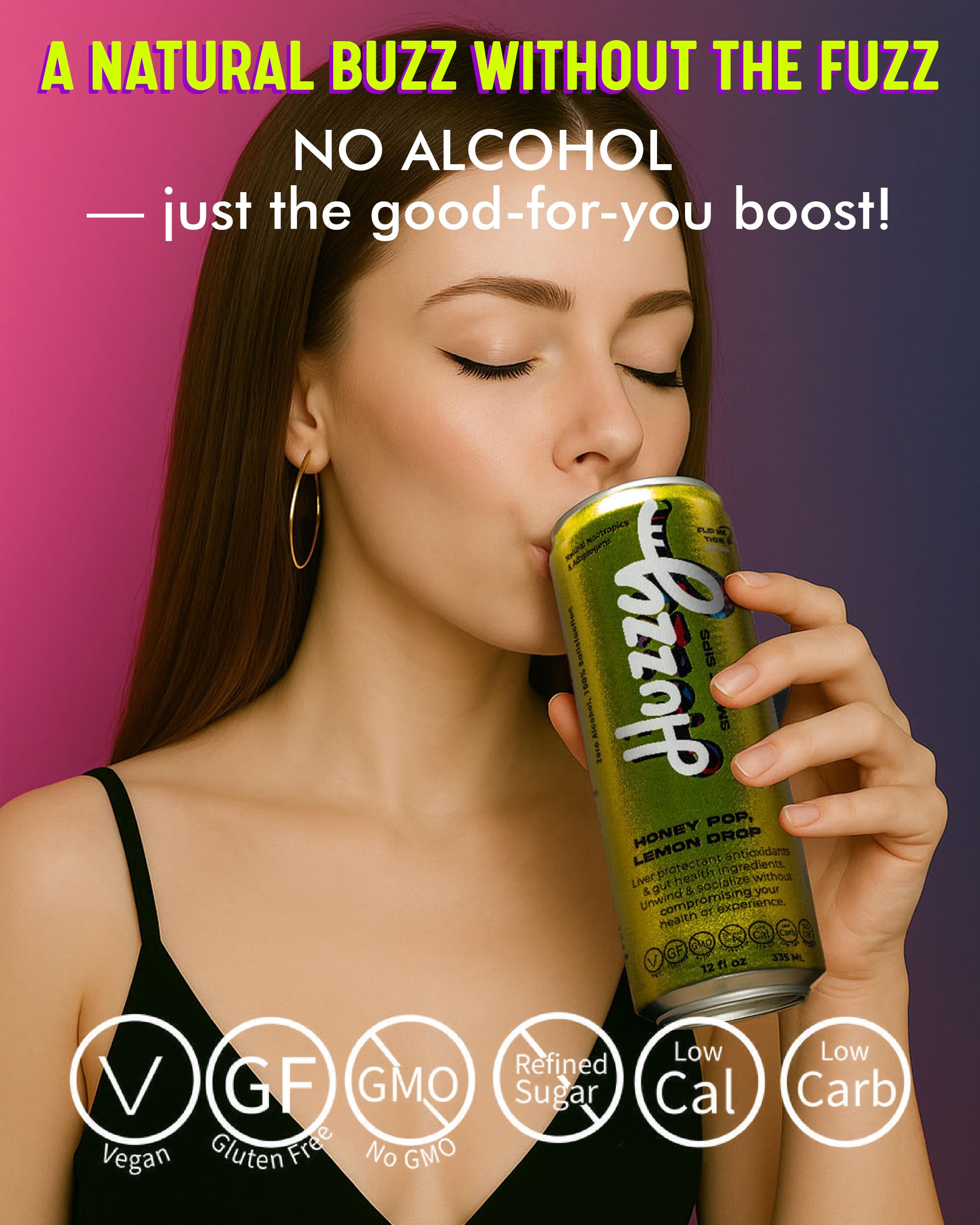 Huzzy Smart Sips Non Alcoholic Drinks - Honey Pop Inspired Beverage, Alcohol Free Functional Cocktails - Low Calorie, Low Carb, No Refined Sugar, No