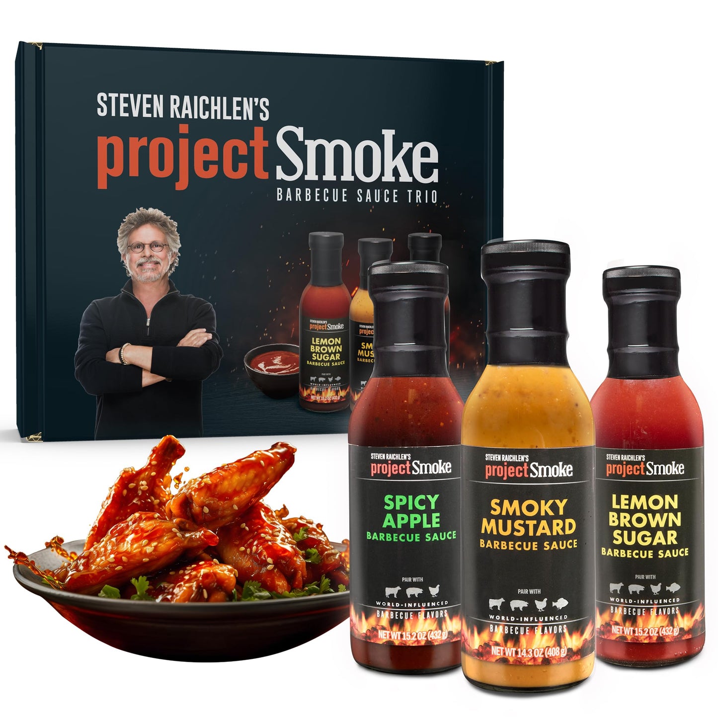 Steven Raichlen's Project Smoke BBQ Sauce Gift Set - 3 Pack Gourmet Barbecue Variety (Spicy Apple, Smoky Mustard, Lemon Brown Sugar) - Premium