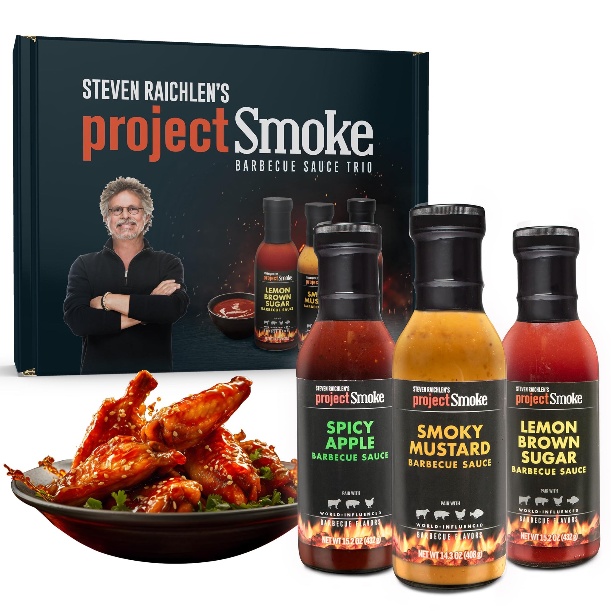 Steven Raichlen's Project Smoke BBQ Sauce Gift Set - 3 Pack Gourmet Barbecue Variety (Spicy Apple, Smoky Mustard, Lemon Brown Sugar) - Premium