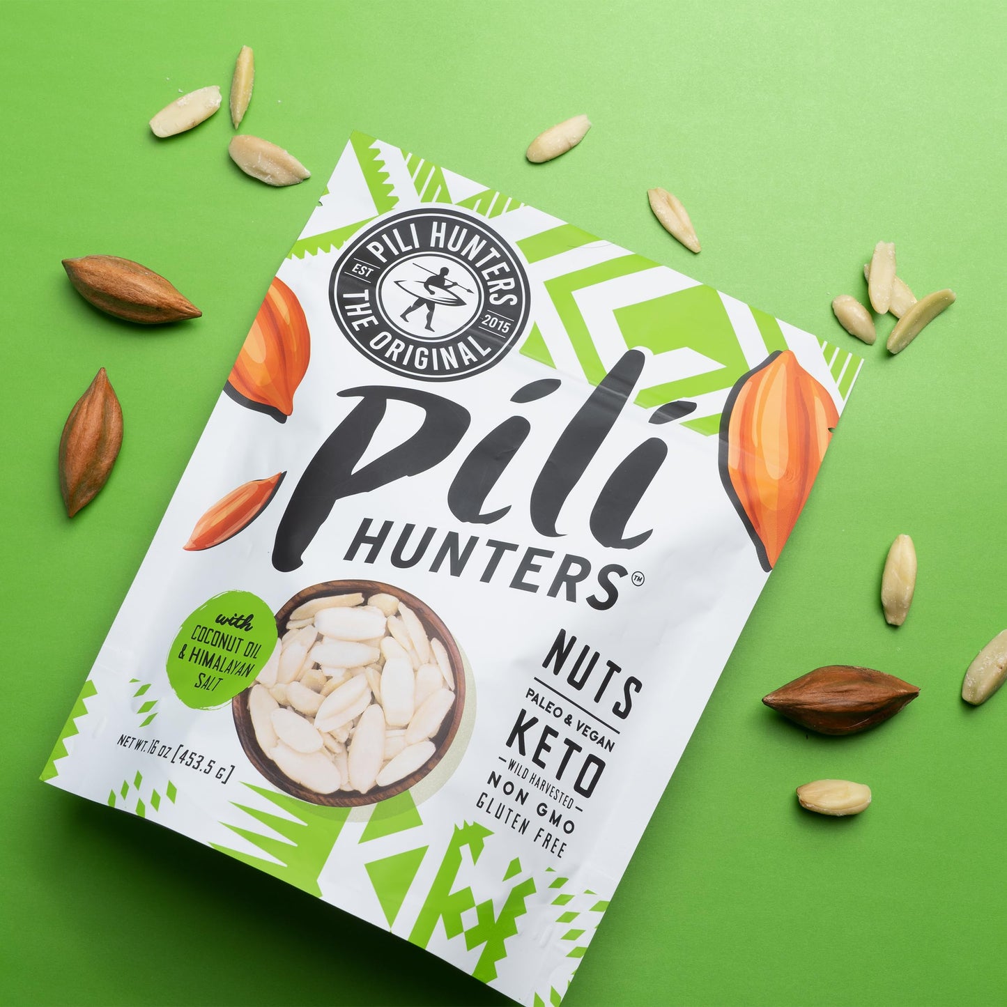 Pili Hunters - Wild Sprouted Pili Nuts, Coconut Oil and Himalayan Salt (1lb Bag) Keto/Paleo/Vegan Snacks, Low Carb Energy, Gluten Free, No Sugar