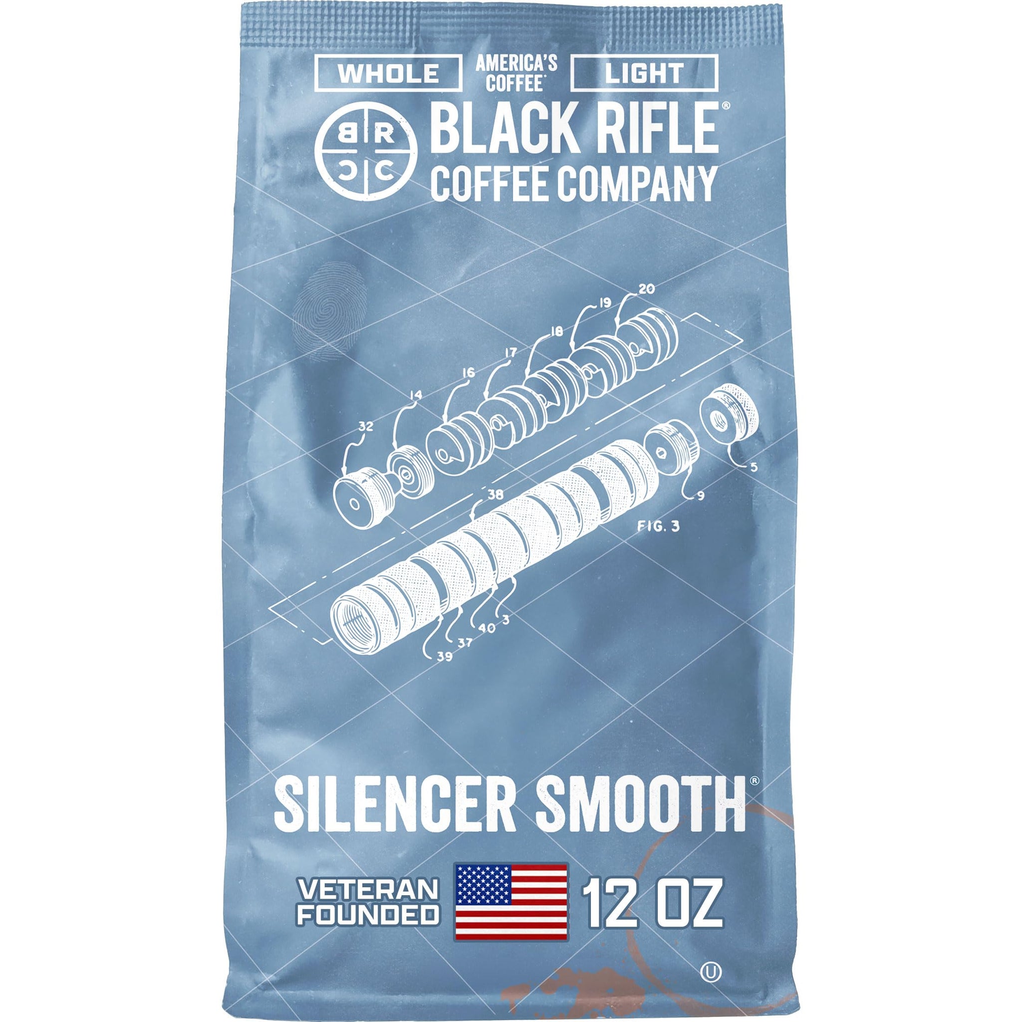 Black Rifle Coffee Company Silencer Smooth, 12oz Bag, Whole Bean Light Roast - Roasted Blend Made from Arabica Beans - Colombian & Brazilian Beans