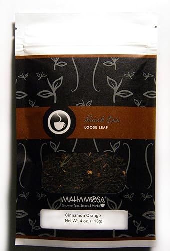 Mahamosa Cinnamon Orange Tea 4 oz - Loose Leaf Flavored Black Tea Blend (with orange peel, cinnamon pieces, ginger pieces, flavoring, vanilla pieces)
