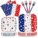 Patriotic Plates and Napkins,96Pcs 4th of July Tableware Set, American Flag Patriotic Party Supplies with Disposable Paper Plates, Napkins,Forks